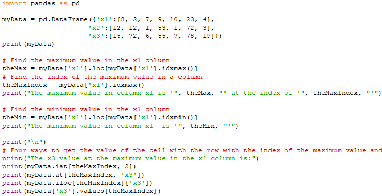 Get maximum and minimum value of column and its index in pandas