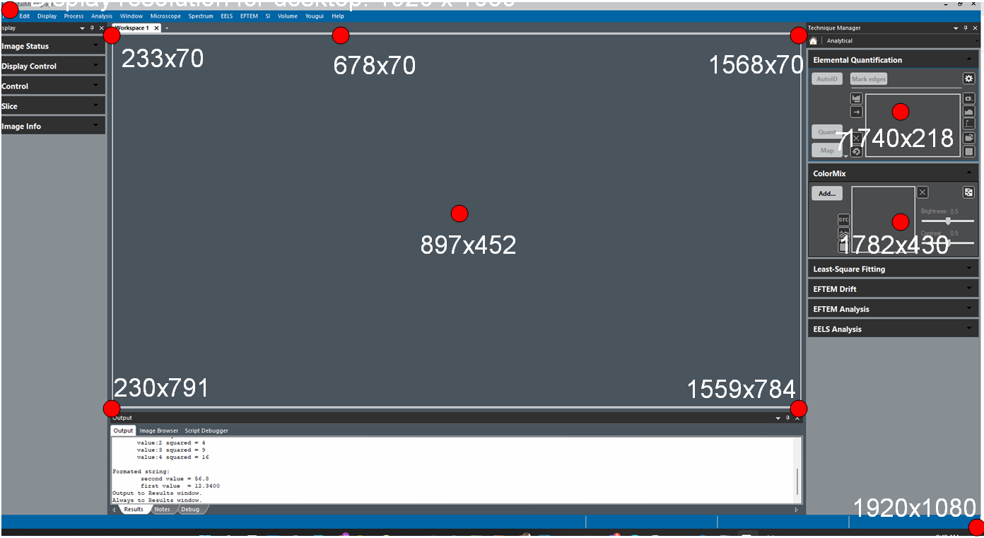 Positions of features on Gatan DigitalMicrograph on PC screen