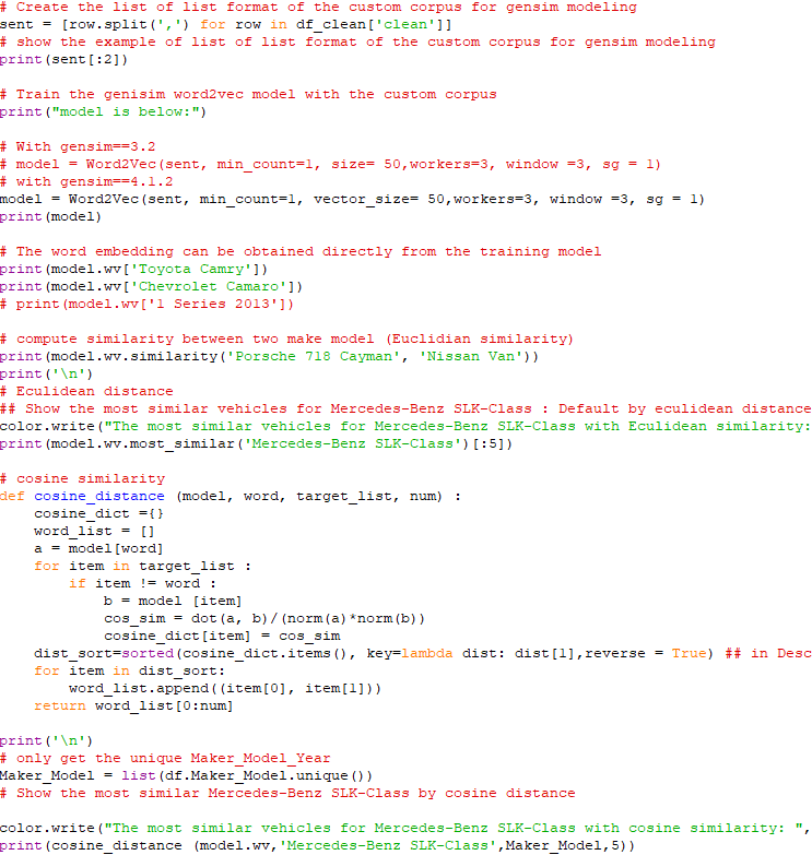 Find the best similarity with Word2Vec Models/word embeddings