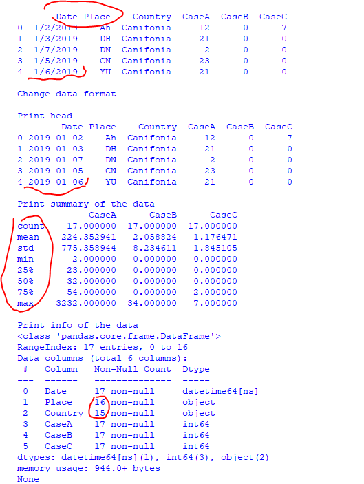 Change data format, print head, print statistic summary of the data, replace empty cells with anything, sort/group columns