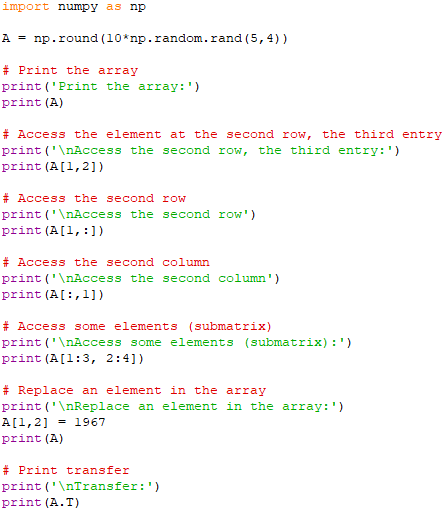 Access row, column, elements, and replace elements and transfer array in Numpy