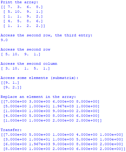 Access row, column, elements, and replace elements and transfer array in Numpy