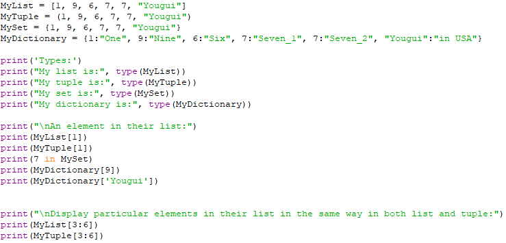 Comparison between list, tuple, set, and dictionary