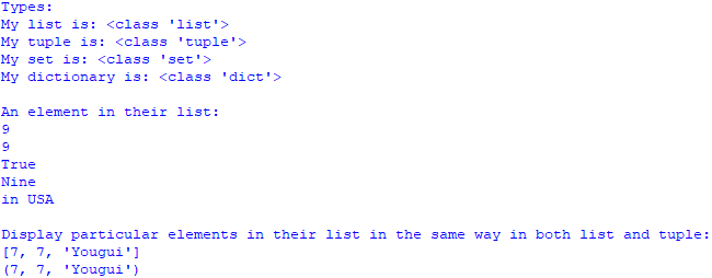 Comparison between list, tuple, set, and dictionary