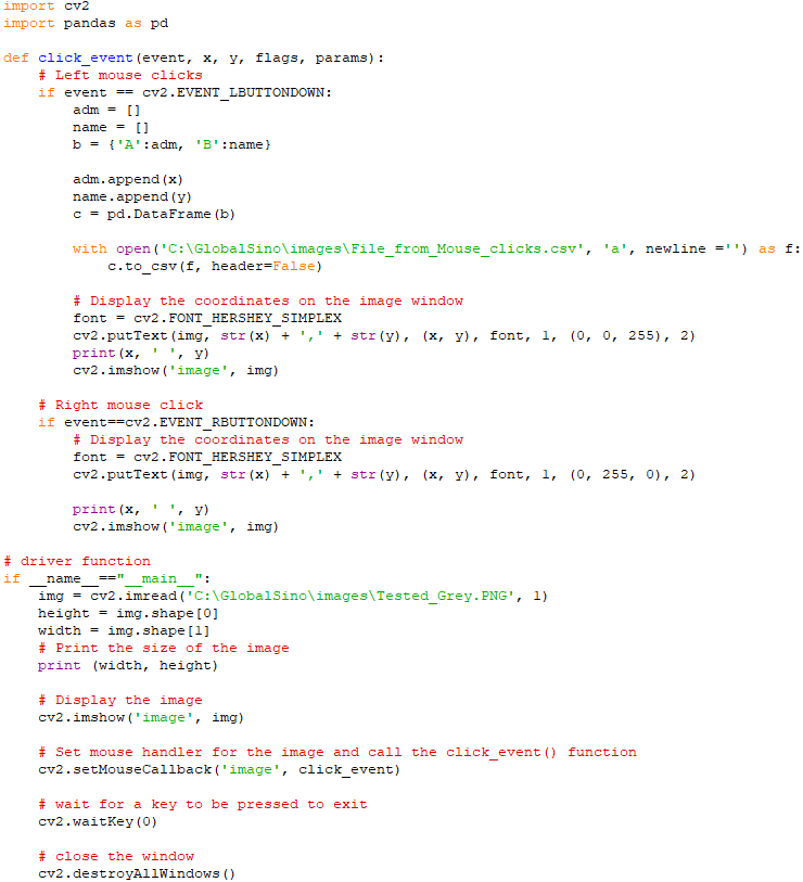 Display the coordinates of the points clicked on the image (both left and right clicks) and output to a csv file (left clicks)